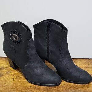Gently Used New York Transit Black Ankle Booties with Floral Accent